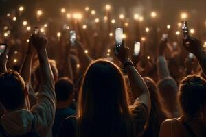 une foule de gens à une vivre événement, concert ou fête en portant mains et les smartphones en haut ,génératif ai photo