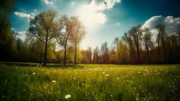 vue printemps la nature avec une soigneusement taillé pelouse entouré par des arbres ,génératif ai photo