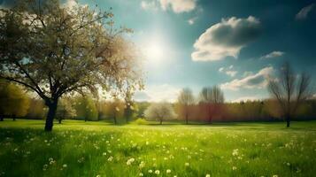 vue printemps la nature avec une soigneusement taillé pelouse entouré par des arbres ,génératif ai photo