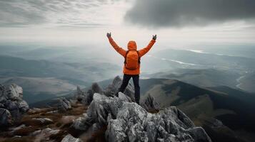 grimpeur célébrer Succès sur Haut de Montagne ,génératif ai photo