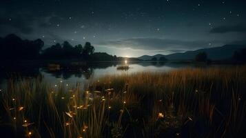 lucioles dans une Prairie par le Lac à nuit ,génératif ai photo