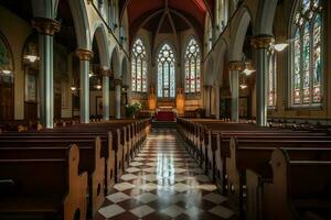 classique église intérieur de face vue ,génératif ai photo