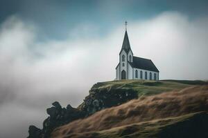 classique église sur une ciel île couvert dans des nuages ,génératif ai photo