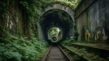 chemin de fer tunnel, de face vue génératif ai photo
