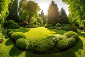 manucuré pays pelouse entouré par des arbres ,génératif ai photo