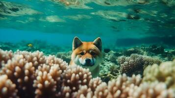 shiba inu chien est plongée dans le mer rempli avec corail récifs ,génératif ai photo