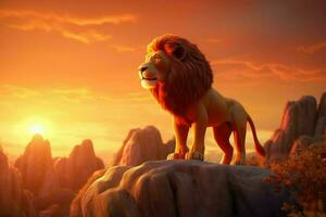 ai généré 3d dessin animé majestueux Lion permanent sur une rocheux affleurement avec une ardent rouge le coucher du soleil dans le Contexte. photo