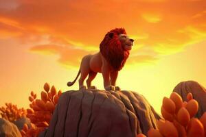 ai généré 3d dessin animé majestueux Lion permanent sur une rocheux affleurement avec une ardent rouge le coucher du soleil dans le Contexte. photo