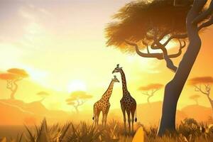 ai généré 3d dessin animé gracieux girafe pacifiquement pâturage sur le savane en dessous de une d'or lever du soleil. photo