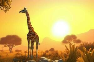 ai généré 3d dessin animé gracieux girafe pacifiquement pâturage sur le savane en dessous de une d'or lever du soleil. photo