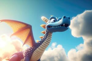 ai généré 3d dessin animé magnifique dragon planant par le des nuages dans une brillant bleu ciel avec le Soleil brillant bas. photo