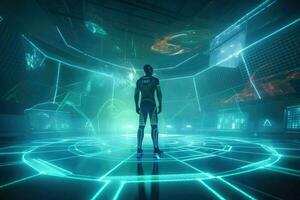 ai généré futuriste des sports arène avec holographique technologie, avec une vert et bleu Couleur schème et une la personne portant une des sports uniforme. photo