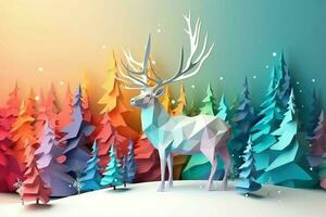 ai généré majestueux wapiti permanent dans une neigeux Prairie dans Noël arbre. coloré papier art. photo