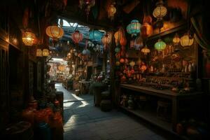 ai généré magique marché, rempli avec exotique des biens et mystique créatures de tout coins de le royaume. photo