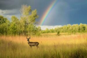 ai généré paisible Prairie à midi, avec une cerf pâturage dans le grand herbe et une vibrant arc en ciel cambrure à travers le ciel. photo