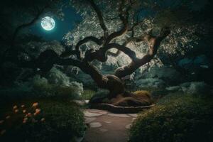 ai généré mystérieux jardin à nuit avec une plein lune brillant brillant aérien, avec une imposant arbre avec noueux les racines et branches élongation vers le ciel. photo