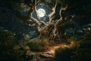 ai généré mystérieux jardin à nuit avec une plein lune brillant brillant aérien, avec une imposant arbre avec noueux les racines et branches élongation vers le ciel. photo