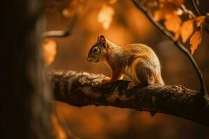 ai généré espiègle peu écureuil perché sur une arbre bifurquer, avec l'automne feuilles dans le Contexte et une chaud, Orange éclairage effet. photo