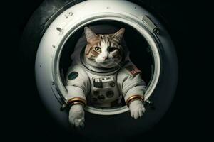 ai généré curieuse chat dans un astronaute costume pas par une portail, prêt à explorer le galaxie. photo