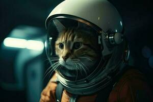 ai généré curieuse chat dans un astronaute costume pas par une portail, prêt à explorer le galaxie. photo