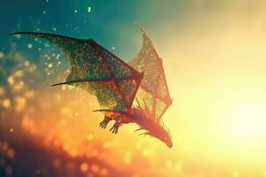 ai généré dragon monté en flèche à travers le ciel, ses Balance étincelant dans le lumière du soleil. photo