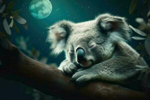 ai généré somnolent peu koala niché dans une eucalyptus arbre, avec une étoilé nuit ciel et une brillant plein lune dans le Contexte. photo