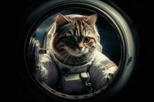 ai généré curieuse chat dans un astronaute costume pas par une portail, prêt à explorer le galaxie. photo