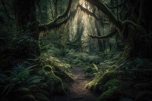 ai généré forêt a été vivant avec le du son de fée musique, faire signe les voyageurs Plus profond dans ses enchanté profondeurs. photo