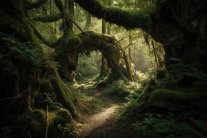 ai généré forêt a été vivant avec le du son de fée musique, faire signe les voyageurs Plus profond dans ses enchanté profondeurs. photo