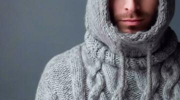 une homme dans une tricoté chandail sur une doux gris Contexte. tricot et crochet. couture.ai généré photo