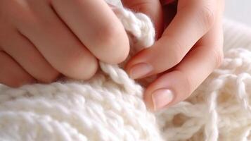 aux femmes mains magnifique fermer, tricot pour une nouveau née, crocheter. Haut vue sur doux crémeux blanc fond.ai généré photo