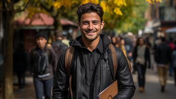 photo portrait de étudiant Enchanté Regardez et souriant ai généré