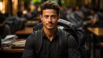 photo portrait de étudiant Enchanté Regardez et souriant ai généré