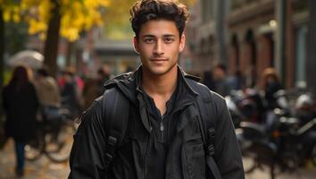 photo portrait de étudiant Enchanté Regardez et souriant ai généré