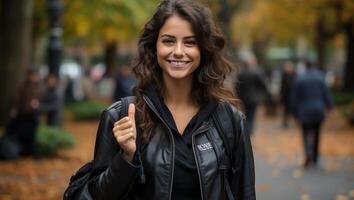 photo portrait de étudiant Enchanté Regardez et souriant ai généré