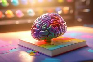coloré cerveau sur livre enflammer connaissance, ai généré photo