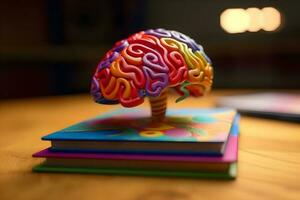 coloré cerveau sur livre une passerelle à innovation, ai généré photo