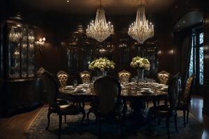 intérieur élégance opulent à manger avec luxueux meubles et brillant éclairage, ai généré photo