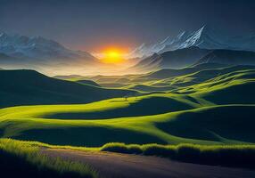 le coucher du soleil plus de une vert champ avec montagnes ai génératif Contexte photo