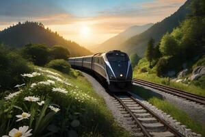 une train dans le jungle avec le coucher du soleil. génératif ai. photo