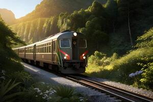 une train dans le jungle avec le coucher du soleil. génératif ai. photo