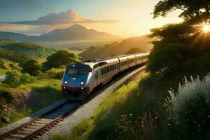 une train dans le jungle avec le coucher du soleil. génératif ai. photo