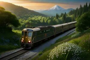 une train dans le jungle avec le coucher du soleil. génératif ai. photo