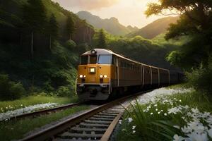 une train dans le jungle avec le coucher du soleil. génératif ai. photo