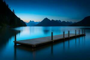 l'eau bleu nuit des lacs silhouette sur pente arrière-plan, génératif ai. photo