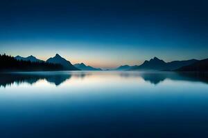 l'eau bleu nuit des lacs silhouette sur pente arrière-plan, génératif ai. photo