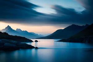 l'eau bleu nuit des lacs silhouette sur pente arrière-plan, génératif ai. photo