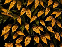 tropical Jaune et Orange Couleur feuilles dans noir arrière-plan, ai génération. photo