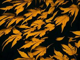 tropical Jaune et Orange Couleur feuilles dans noir arrière-plan, ai génération. photo