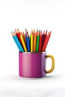 illustration dessin une empiler de coloré des crayons dans le tasse titulaire avec copie espace. ai généré photo